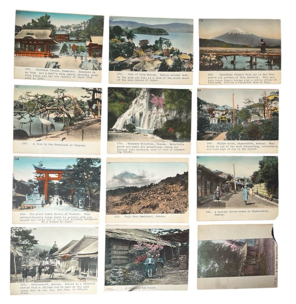 12 Antique Japanese Pictorial Photo Postcards Hakone c1910 Hand-tinted Mounted